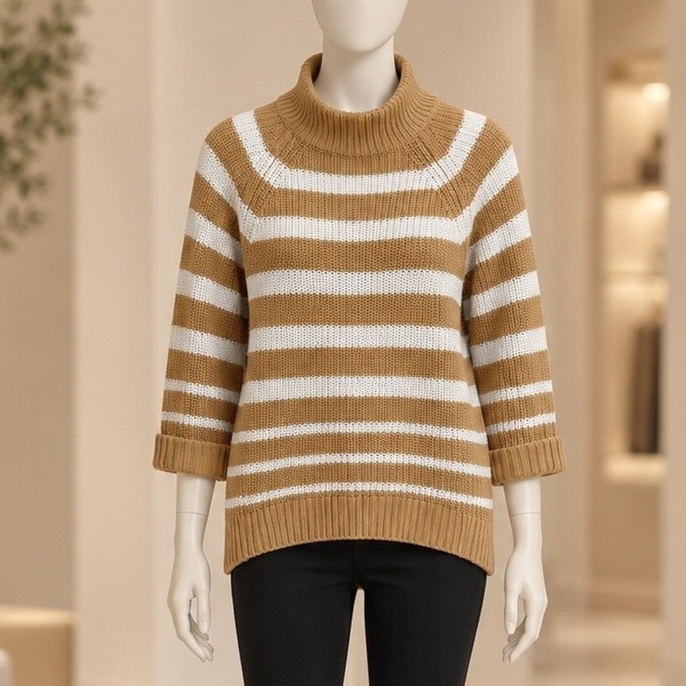 Style & Co Womens Sweater Mock Neck Striped Cotton Knit Camel White PS